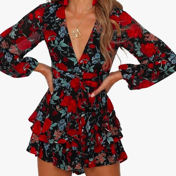 Pants - *NEW* Red & black floral romper w/ bubble sleeves, ruffled bottom, lightweight.